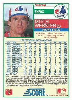 1988 Score #345 Mitch Webster Back