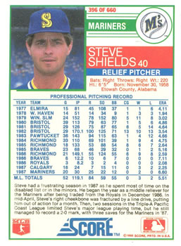 1988 Score #396 Steve Shields Back