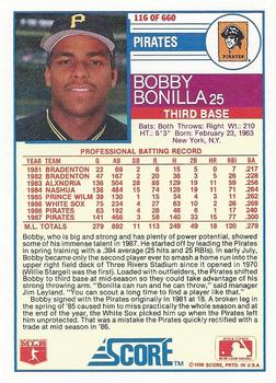 1988 Score #116 Bobby Bonilla Back