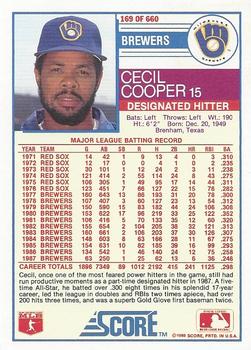 1988 Score #169 Cecil Cooper Back