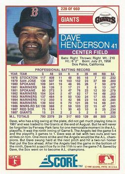 1988 Score #228 Dave Henderson Back