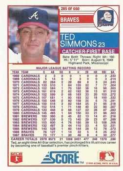 1988 Score #285 Ted Simmons Back