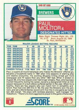 1988 Score #340 Paul Molitor Back
