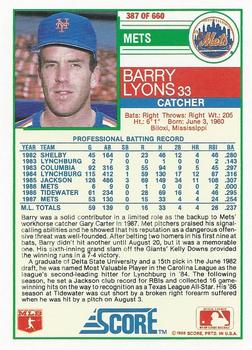 1988 Score #387 Barry Lyons Back