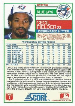 1988 Score #399 Cecil Fielder Back