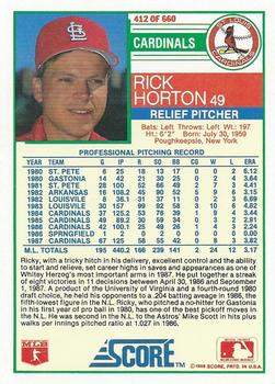 1988 Score #412 Rick Horton Back
