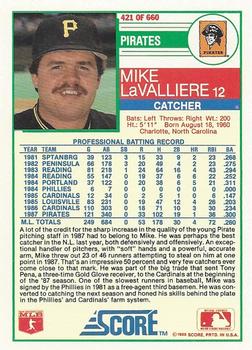 1988 Score #421 Mike LaValliere Back