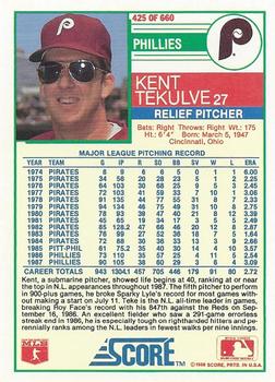 1988 Score #425 Kent Tekulve Back