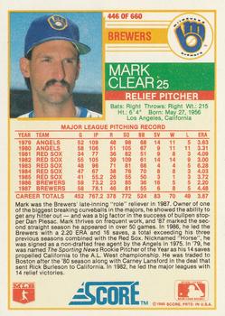 1988 Score #446 Mark Clear Back