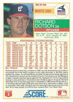 1988 Score #480 Richard Dotson Back