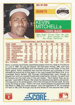 1988 Score #481 Kevin Mitchell Back