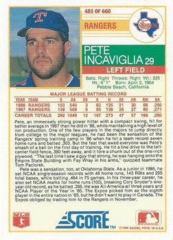 1988 Score #485 Pete Incaviglia Back