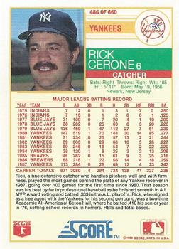 1988 Score #486 Rick Cerone Back