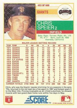 1988 Score #493 Chris Speier Back