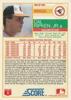 1988 Score #550 Cal Ripken, Jr. Back