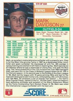 1988 Score #570 Mark Davidson Back