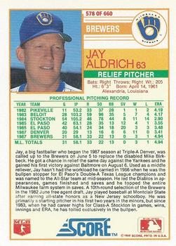 1988 Score #578 Jay Aldrich Back