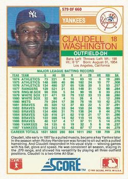 1988 Score #579 Claudell Washington Back