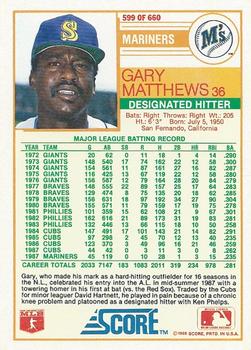 1988 Score #599 Gary Matthews Back