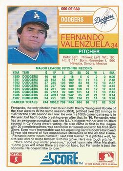 1988 Score #600 Fernando Valenzuela Back