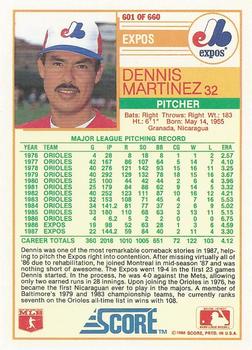1988 Score #601 Dennis Martinez Back