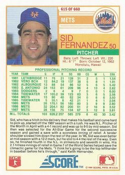 1988 Score #615 Sid Fernandez Back