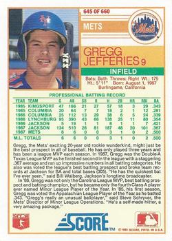 1988 Score #645 Gregg Jefferies Back