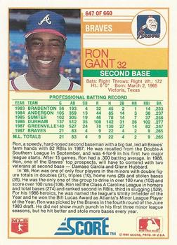 1988 Score #647 Ron Gant Back