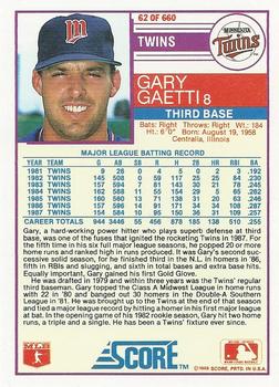1988 Score #62 Gary Gaetti Back