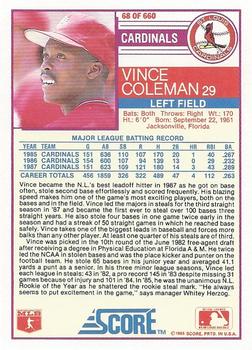 1988 Score #68 Vince Coleman Back