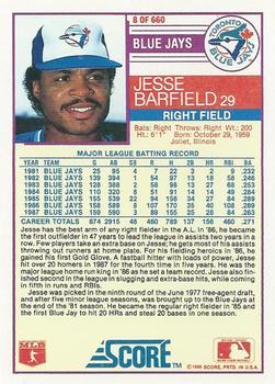 1988 Score #8 Jesse Barfield Back