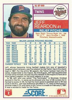 1988 Score #91 Jeff Reardon Back