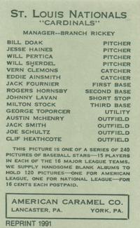 1991 1922 American Caramel (E120) Reprint #NNO Jesse Haines Back