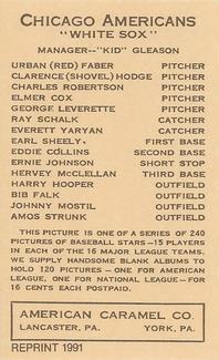 1991 1922 American Caramel (E120) Reprint #NNO Johnny Mostil Back