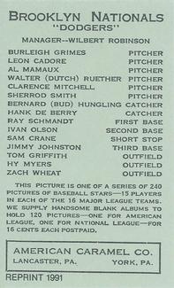 1991 1922 American Caramel (E120) Reprint #NNO Leon Cadore Back