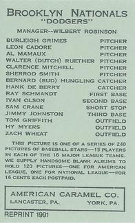 1991 1922 American Caramel (E120) Reprint #NNO Burleigh Grimes Back