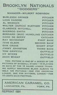 1991 1922 American Caramel (E120) Reprint #NNO Dutch Ruether Back