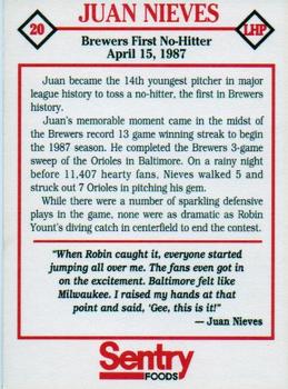 1993 Sentry Milwaukee Brewers Memorable Moments #NNO Juan Nieves Back