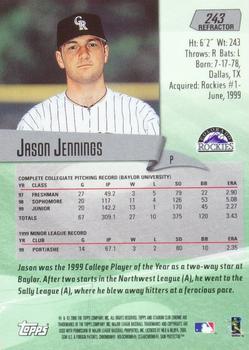 2000 Stadium Club Chrome - Refractors #243 Jason Jennings  Back