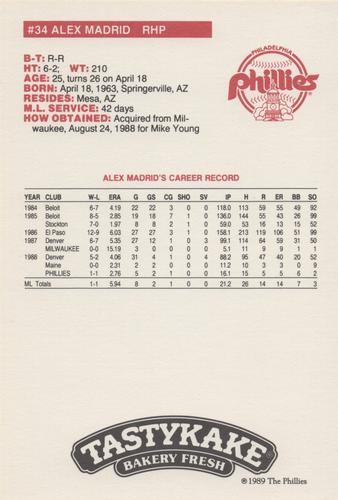1989 Tastykake Philadelphia Phillies #NNO Alex Madrid Back