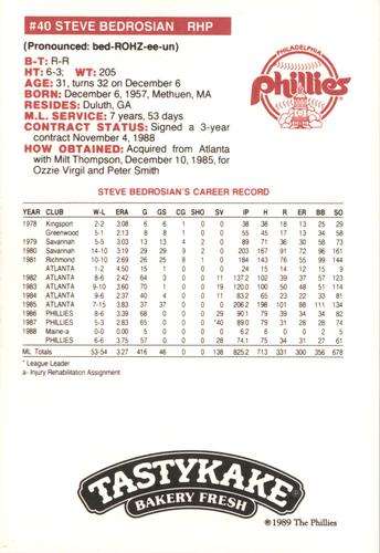 1989 Tastykake Philadelphia Phillies #NNO Steve Bedrosian Back
