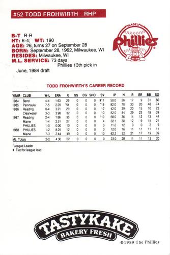 1989 Tastykake Philadelphia Phillies #NNO Todd Frohwirth Back