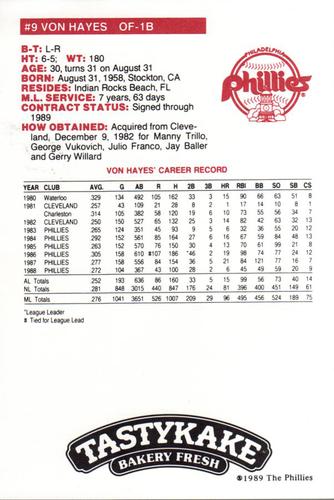 1989 Tastykake Philadelphia Phillies #NNO Von Hayes Back