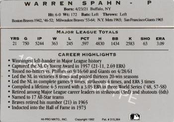 1993 Action Packed All-Star Gallery Series I - Prototype #NNO Warren Spahn Back