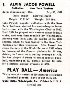 1988 1939 Play Ball Reprints #1 Jake Powell Back