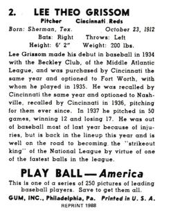 1988 1939 Play Ball Reprints #2 Lee Grissom Back