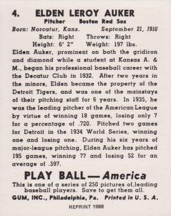 1988 1939 Play Ball Reprints #4 Elden Auker Back