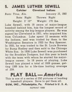 1988 1939 Play Ball Reprints #5 Luke Sewell Back