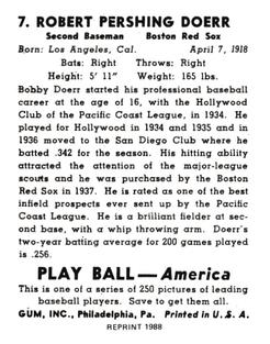 1988 1939 Play Ball Reprints #7 Bobby Doerr Back