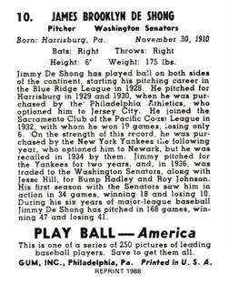 1988 1939 Play Ball Reprints #10 Jimmie DeShong Back